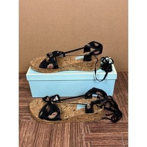 Eliza B sandle wedges cork black floral ankle lace up summer beach Size 11